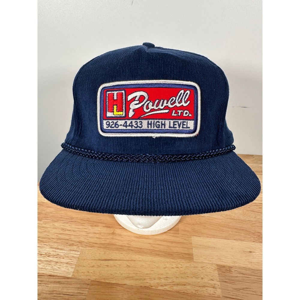 Vintage Corduroy Trucker Hat H Powell Ltd Navy Blue Cotton Ballcap Workwear OS